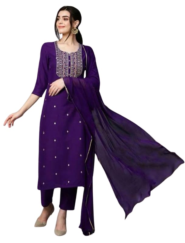 Royal Ethnic Women's Embroidered Rayon Slub Kurta Set with Dupatta Elegant Stylish Ethnic Wear Outfit Dress - Royal Ethnic