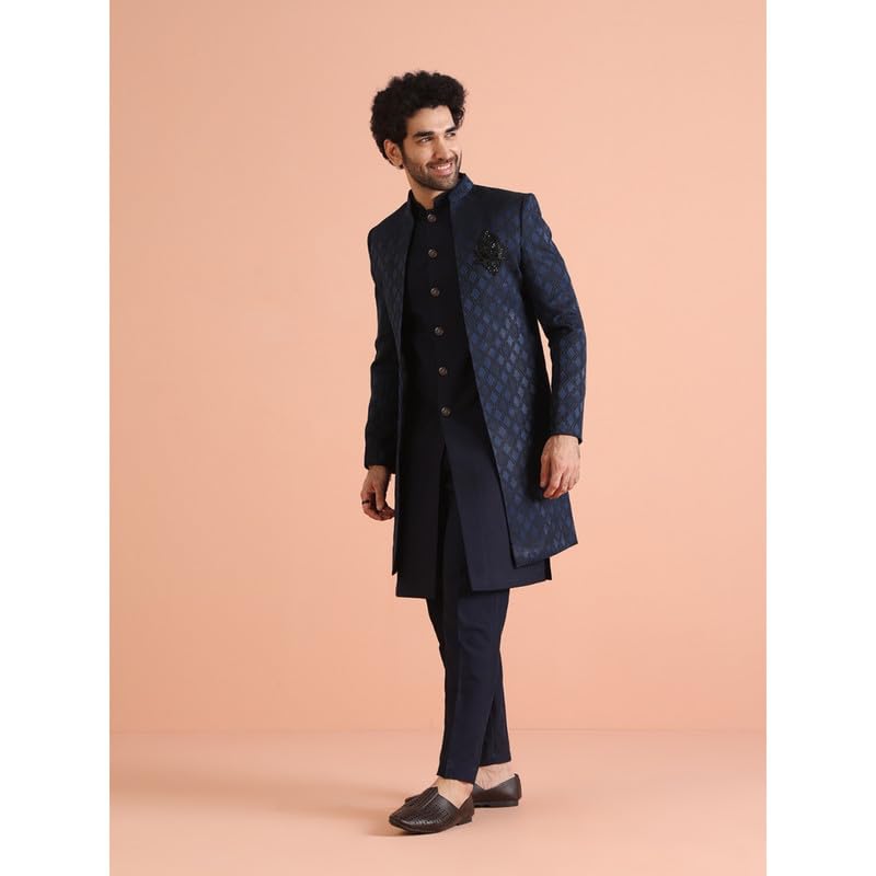 Royal Ethnics | Men's Jacket Sherwani Trouser Set | Silk Blend Fabric | Jacquard Pattern | Regular Fit | Long Sleeve - Royal Ethnic