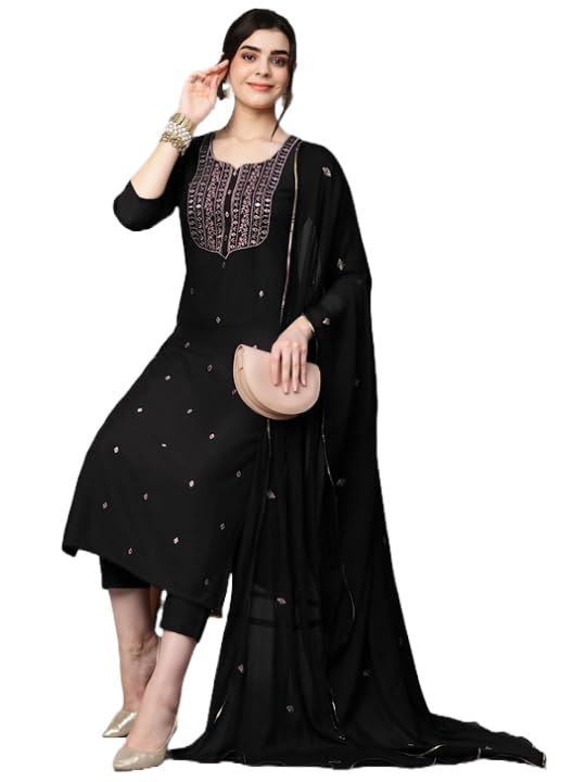 Royal Ethnic Womens Cotton Blend Embroidered Kurta Set with Pant Dupatta Elegants Calf Length Ethnic Outfit Dress - Royal Ethnic