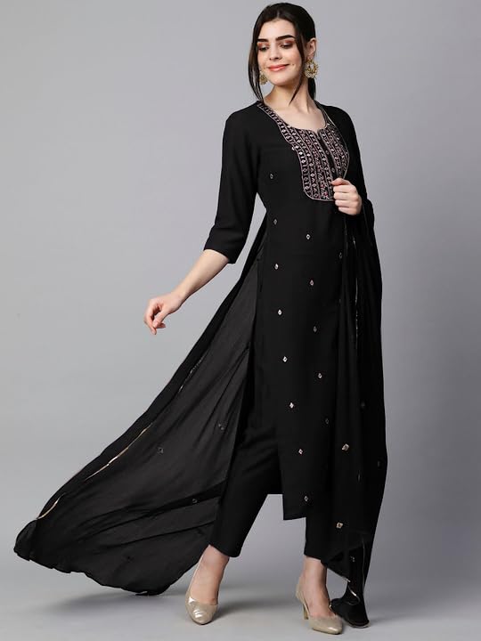 Royal Ethnic Womens Cotton Blend Embroidered Kurta Set with Pant Dupatta Elegants Calf Length Ethnic Outfit Dress - Royal Ethnic