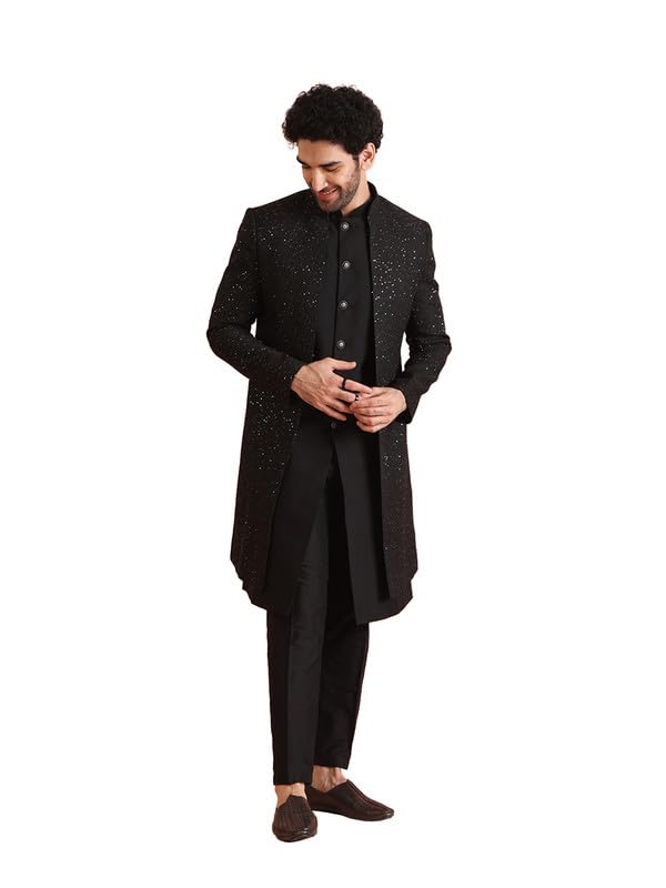 Royal Ethnics | Men's Jacket Sherwani Trouser Set | Blended Fabric | Embellished Pattern | Regular Fit | Long Sleeve - Royal Ethnic