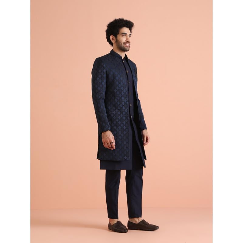 Royal Ethnics | Men's Jacket Sherwani Trouser Set | Silk Blend Fabric | Jacquard Pattern | Regular Fit | Long Sleeve - Royal Ethnic
