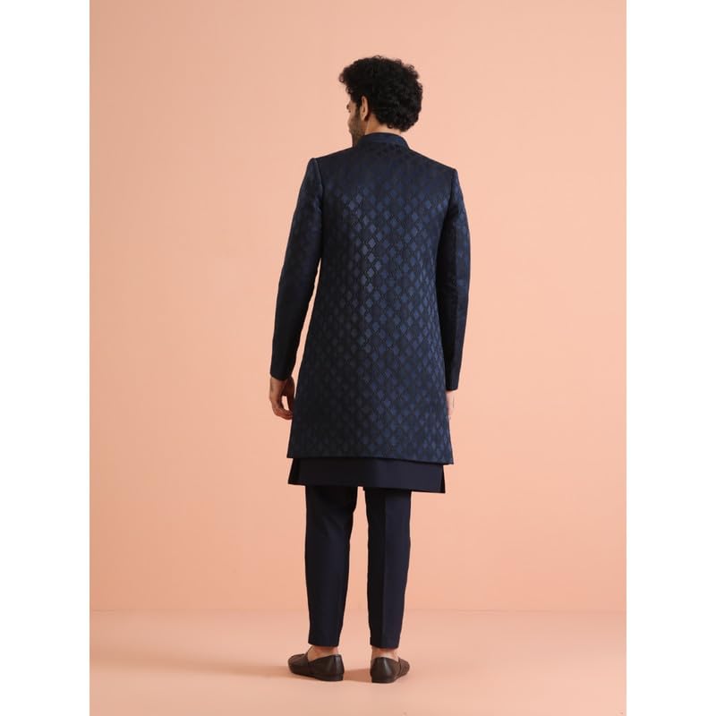 Royal Ethnics | Men's Jacket Sherwani Trouser Set | Silk Blend Fabric | Jacquard Pattern | Regular Fit | Long Sleeve - Royal Ethnic