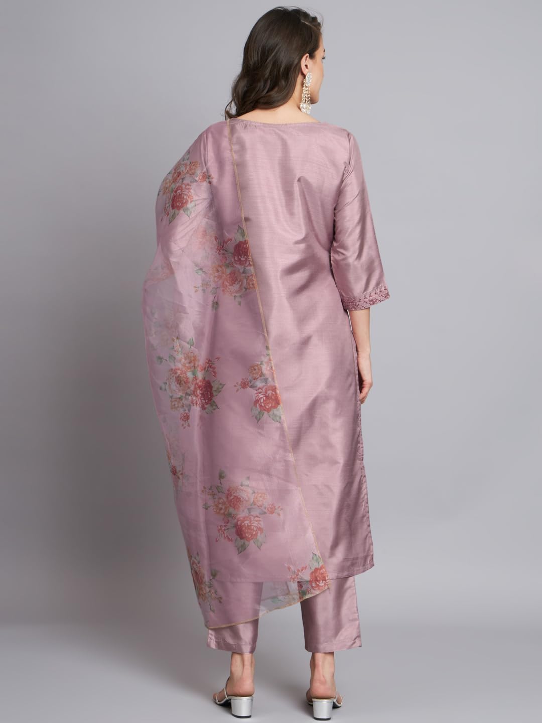 VredeVogel Women's Silk Blend Embroidered Straight Kurta Pant Set with Organza Dupatta