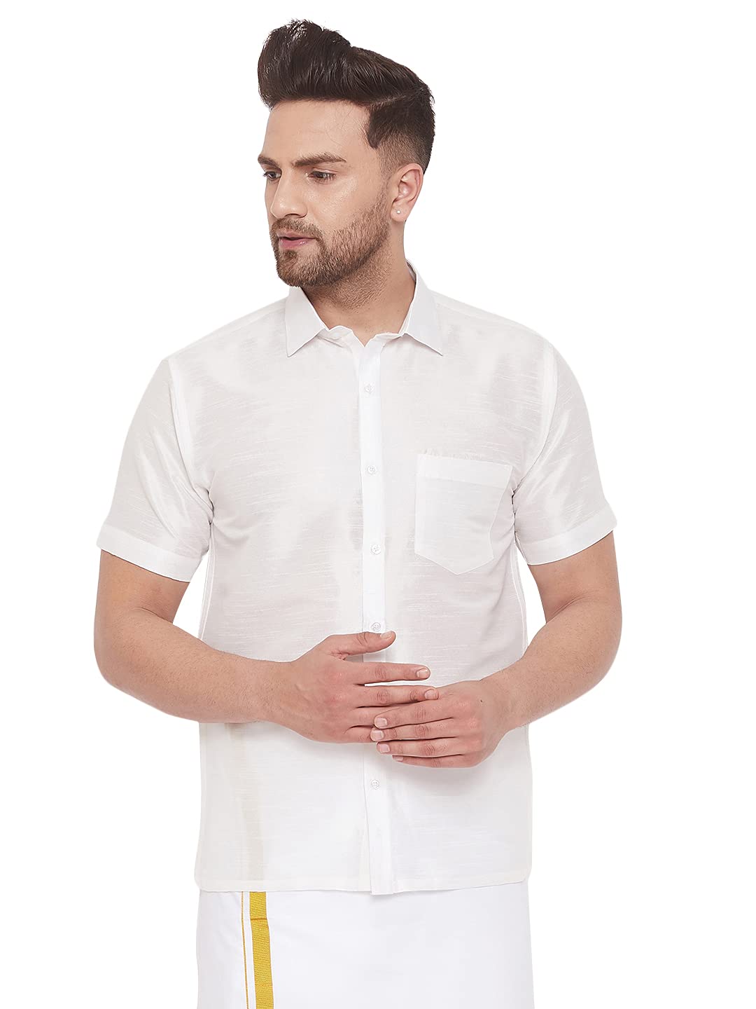 Vastramay Men's Silk Blend South Indian Ethnic Shirt – Traditional Half-Sleeve Shirt for Festive, Wedding & Casual Wear