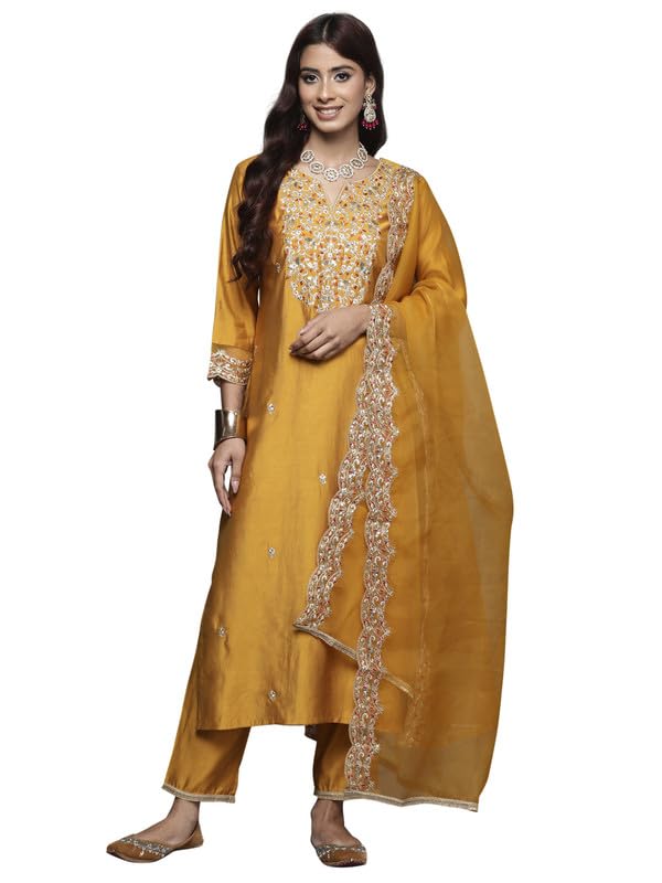 Royal Ethnic | Women's Viscose Embroidered Kurta Pant Dupatta Set | Straight Fit | 3/4 Sleeves | Festive & Elegant Wear - Royal Ethnic