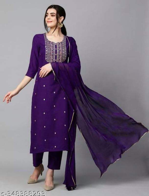 Royal Ethnic Women's Embroidered Rayon Slub Kurta Set with Dupatta Elegant Stylish Ethnic Wear Outfit Dress - Royal Ethnic