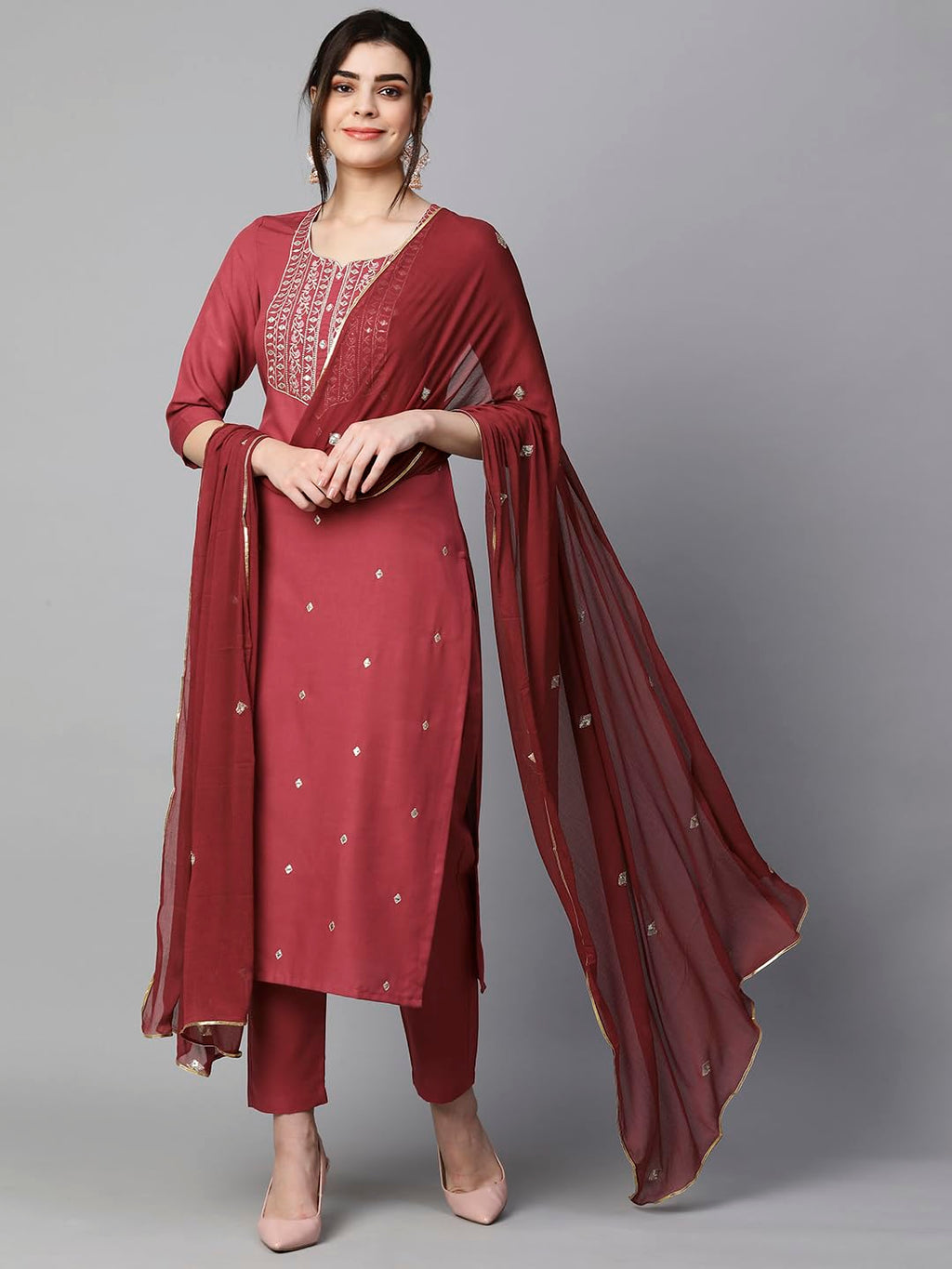 Royal Ethnic Womens Cotton Blend Embroidered Kurta Set with Pant Dupatta Elegants Calf Length Ethnic Outfit Dress - Royal Ethnic