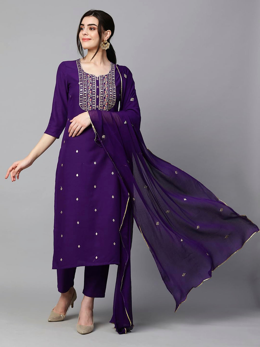 Royal Ethnic Womens Cotton Blend Embroidered Kurta Set with Pant Dupatta Elegants Calf Length Ethnic Outfit Dress - Royal Ethnic
