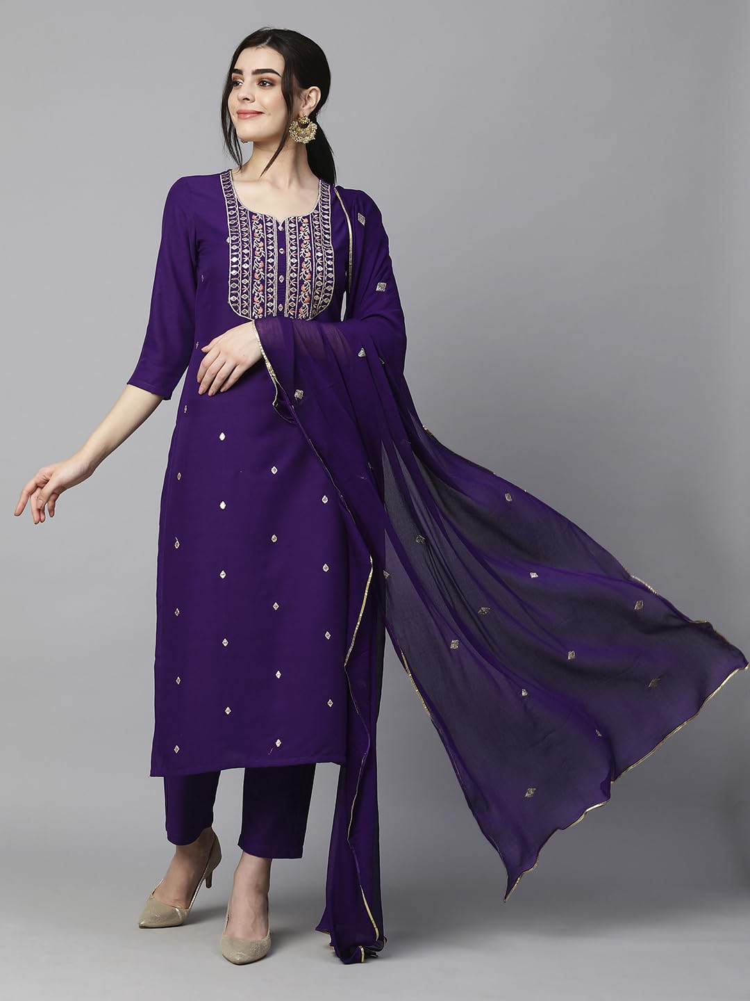 Royal Ethnic Womens Cotton Blend Embroidered Kurta Set with Pant Dupatta Elegants Calf Length Ethnic Outfit Dress - Royal Ethnic