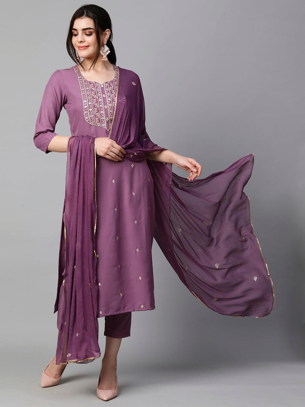 Royal Ethnic Womens Cotton Blend Embroidered Kurta Set with Pant Dupatta Elegants Calf Length Ethnic Outfit Dress - Royal Ethnic