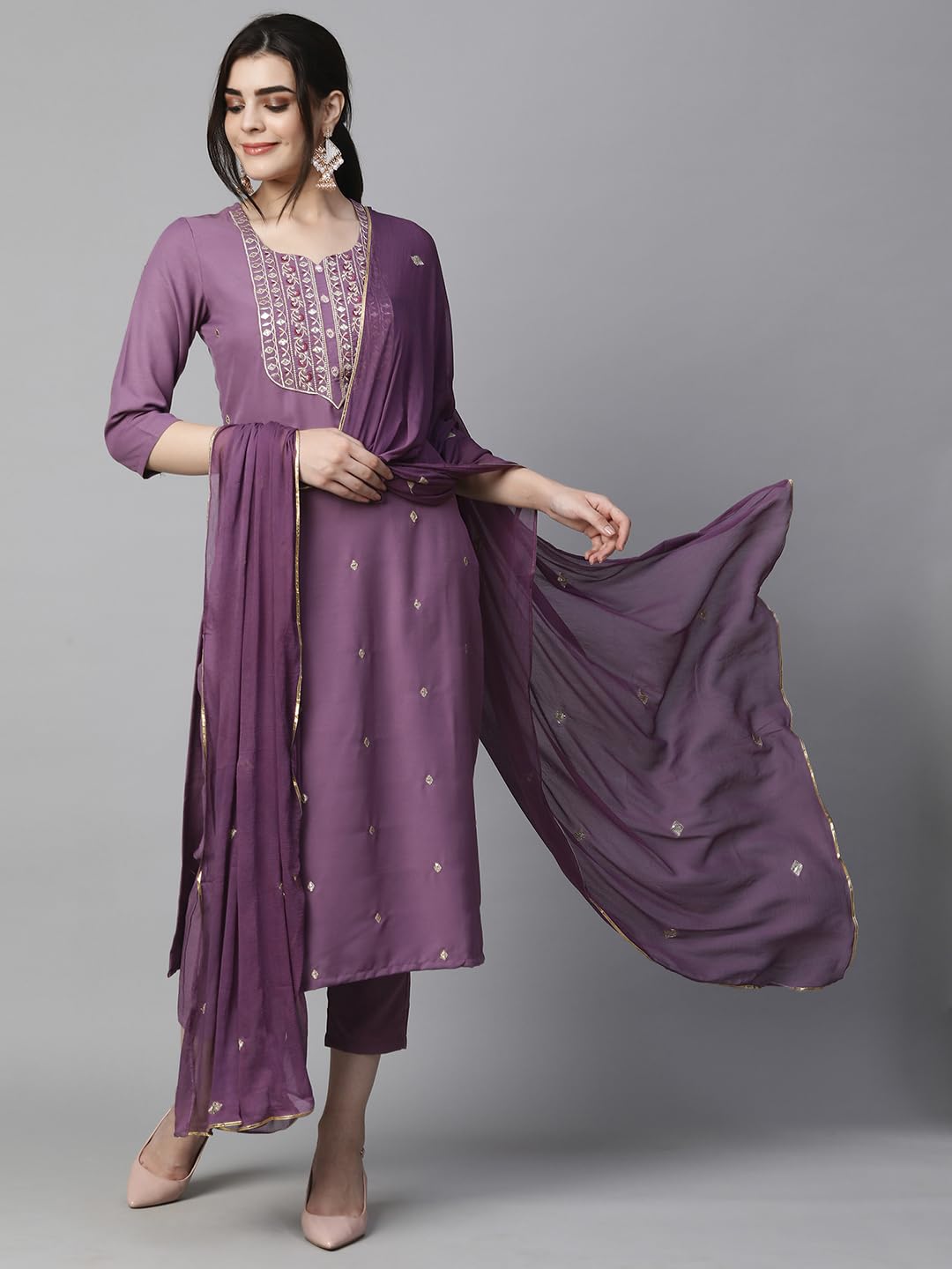 Royal Ethnic Womens Cotton Blend Embroidered Kurta Set with Pant Dupatta Elegants Calf Length Ethnic Outfit Dress - Royal Ethnic