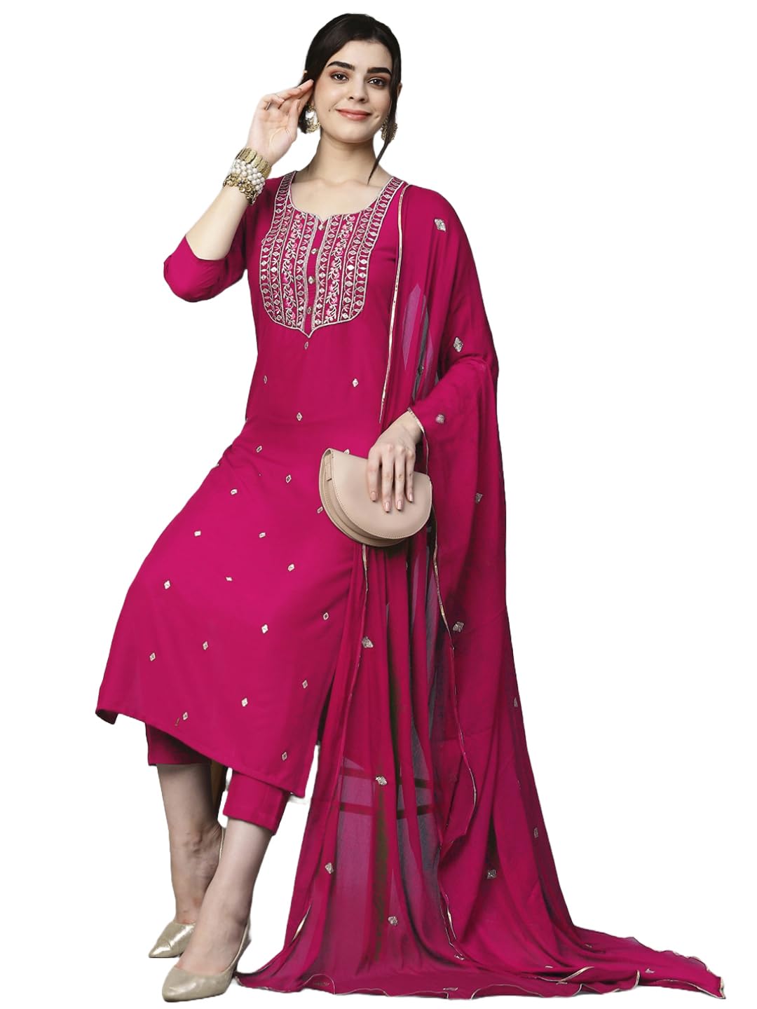 Royal Ethnic Womens Cotton Blend Embroidered Kurta Set with Pant Dupatta Elegants Calf Length Ethnic Outfit Dress - Royal Ethnic