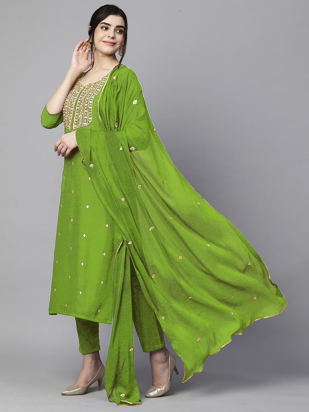 Royal Ethnic Womens Cotton Blend Embroidered Kurta Set with Pant Dupatta Elegants Calf Length Ethnic Outfit Dress - Royal Ethnic