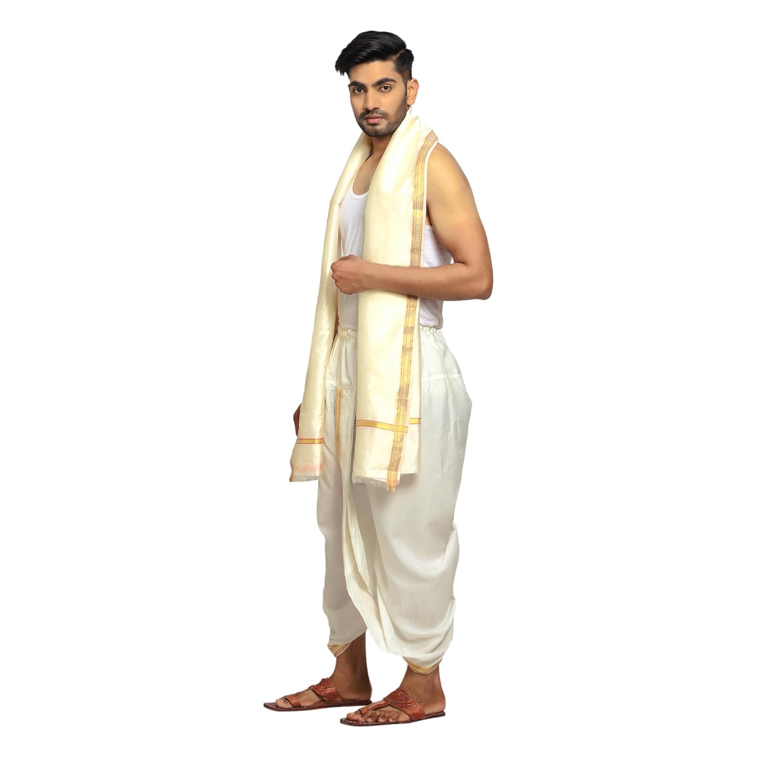 Royal Ethnic | Men's Silk Readymade Dhoti Pant with Dupatta | Free Size | Suitable with Kurta | Festive & Traditional - Royal Ethnic