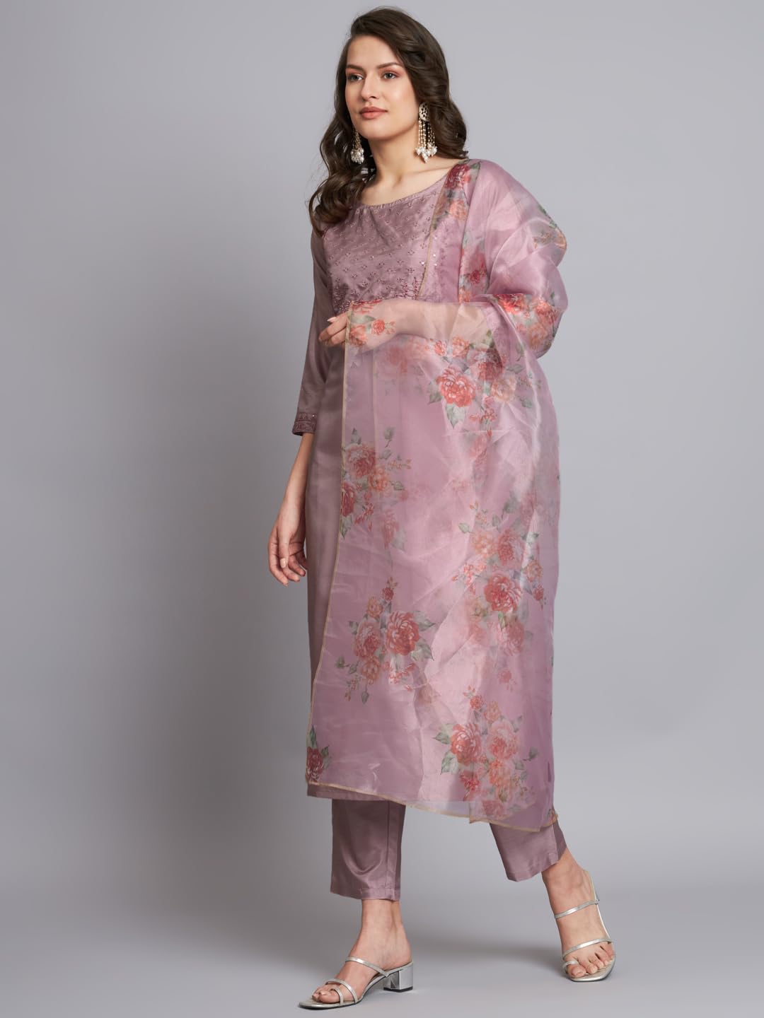 VredeVogel Women's Silk Blend Embroidered Straight Kurta Pant Set with Organza Dupatta
