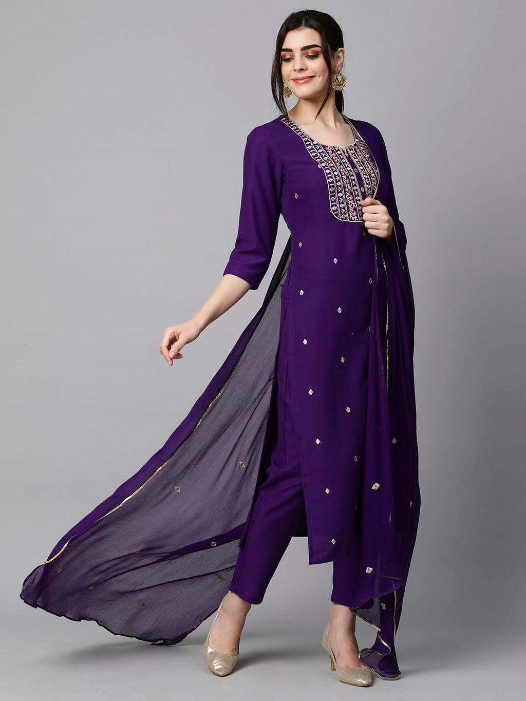 Royal Ethnic Womens Cotton Blend Embroidered Kurta Set with Pant Dupatta Elegants Calf Length Ethnic Outfit Dress - Royal Ethnic