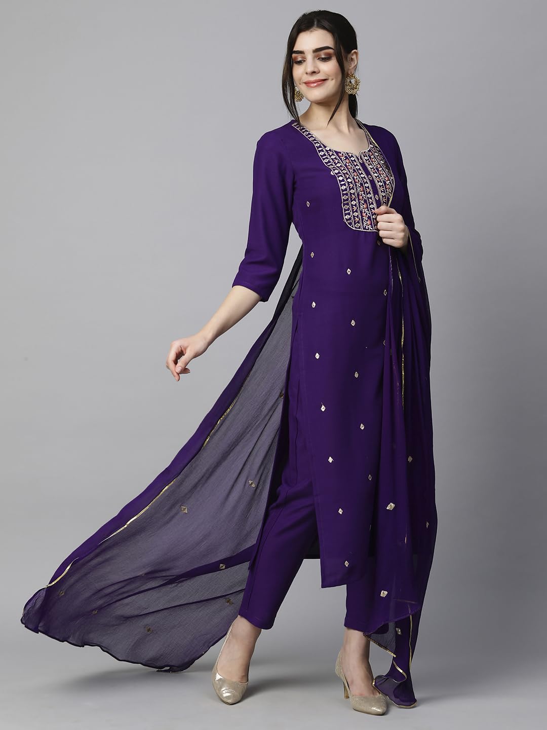Royal Ethnic Womens Cotton Blend Embroidered Kurta Set with Pant Dupatta Elegants Calf Length Ethnic Outfit Dress - Royal Ethnic