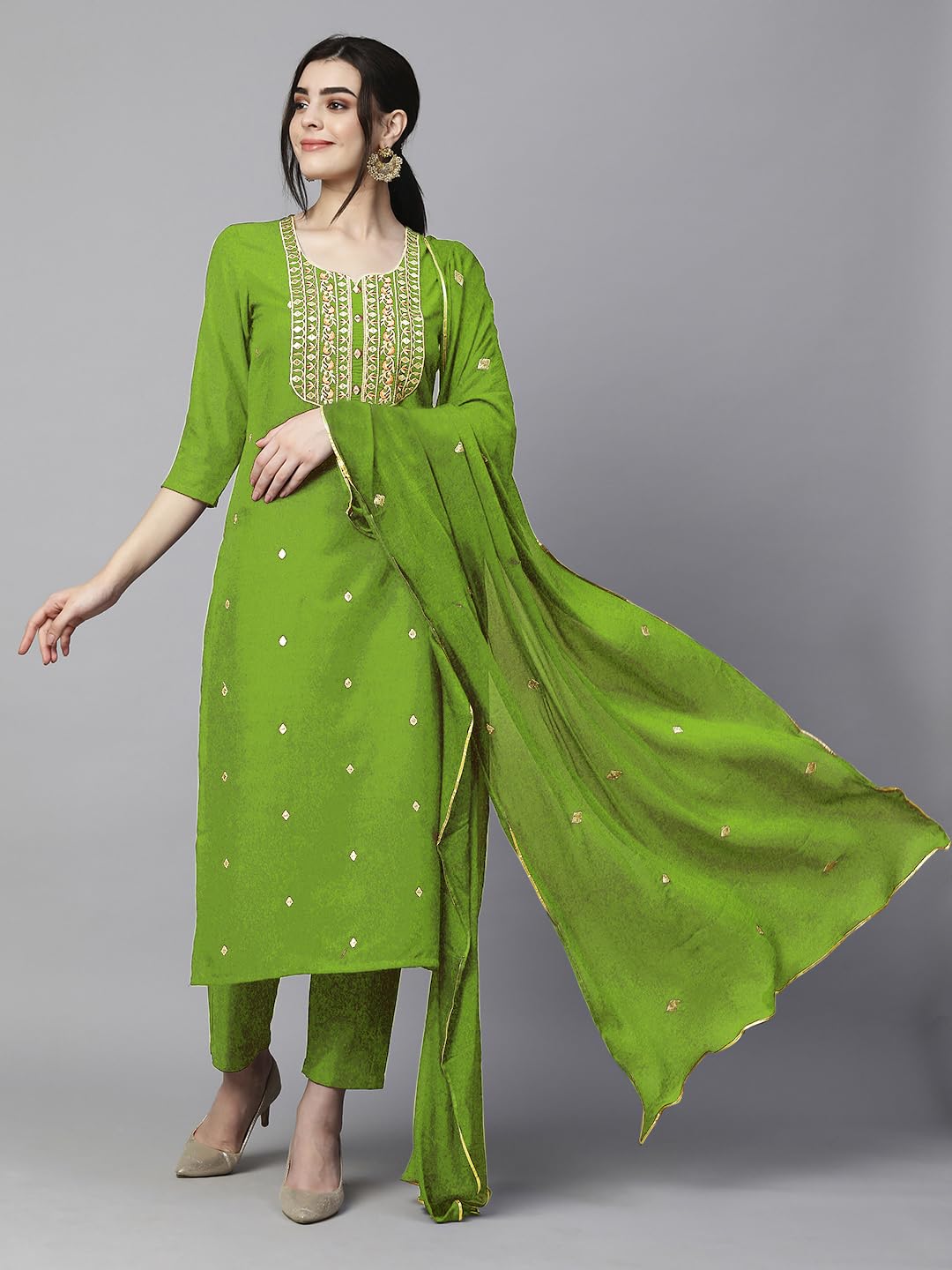 Royal Ethnic Womens Cotton Blend Embroidered Kurta Set with Pant Dupatta Elegants Calf Length Ethnic Outfit Dress - Royal Ethnic
