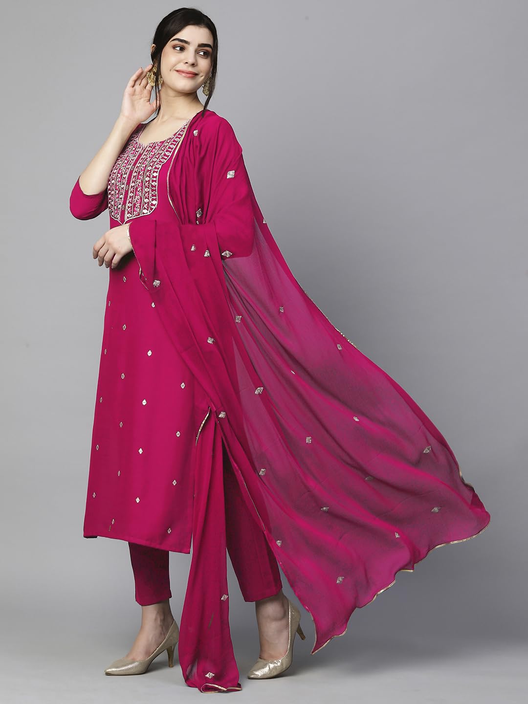 Royal Ethnic Womens Cotton Blend Embroidered Kurta Set with Pant Dupatta Elegants Calf Length Ethnic Outfit Dress - Royal Ethnic