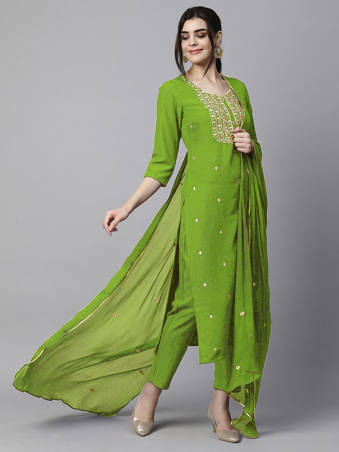 Royal Ethnic Womens Cotton Blend Embroidered Kurta Set with Pant Dupatta Elegants Calf Length Ethnic Outfit Dress - Royal Ethnic