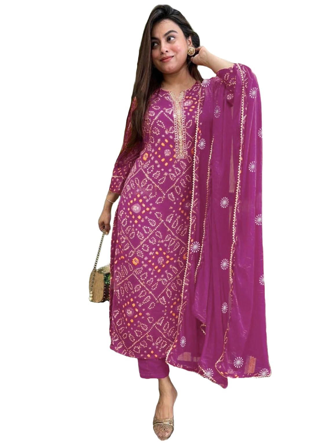 GoSriKi Women's Rayon Viscose Straight Bandhej Printed Kurta with Pant & Dupatta
