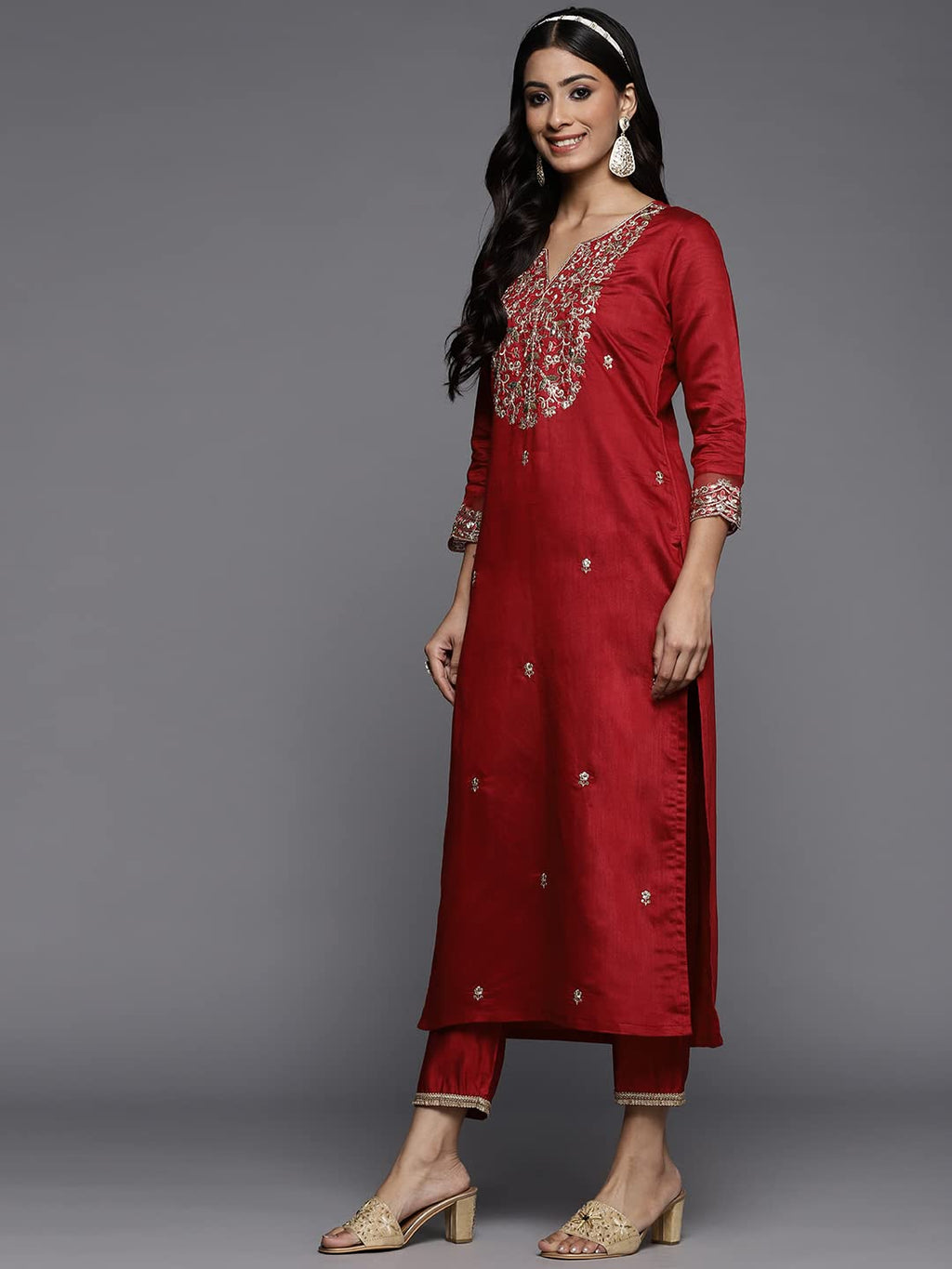 Royal Ethnic | Women's Viscose Embroidered Kurta Pant Dupatta Set | Straight Fit | 3/4 Sleeves | Festive & Elegant Wear - Royal Ethnic