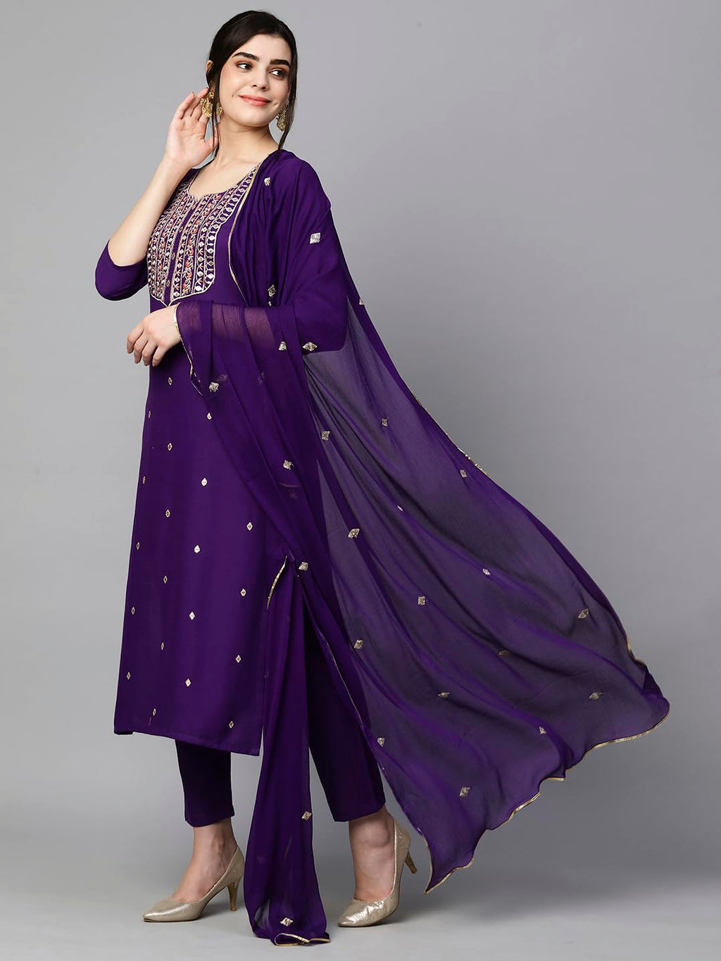 Royal Ethnic Womens Cotton Blend Embroidered Kurta Set with Pant Dupatta Elegants Calf Length Ethnic Outfit Dress - Royal Ethnic
