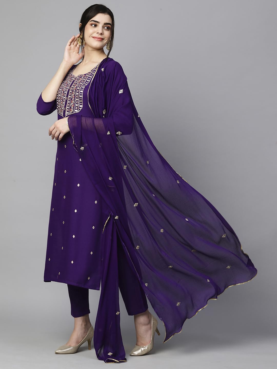 Royal Ethnic Womens Cotton Blend Embroidered Kurta Set with Pant Dupatta Elegants Calf Length Ethnic Outfit Dress - Royal Ethnic