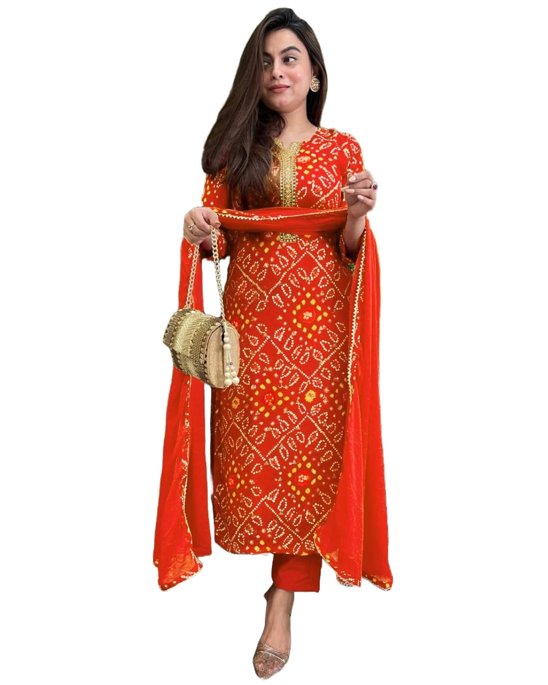 GoSriKi Women's Rayon Viscose Straight Bandhej Printed Kurta with Pant & Dupatta