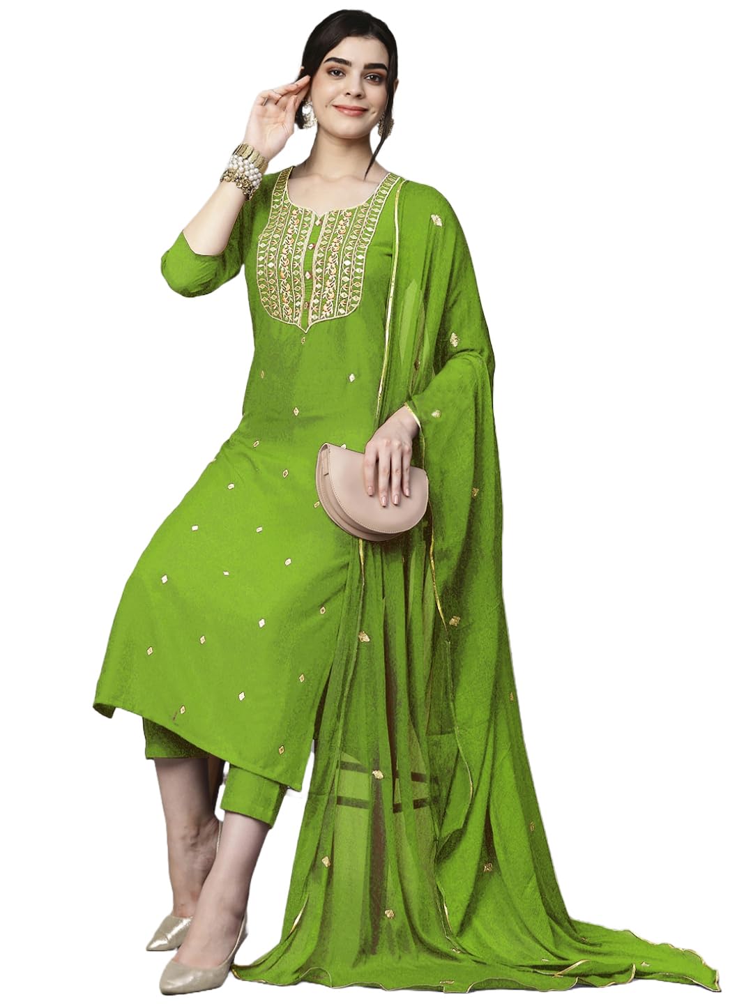 Royal Ethnic Womens Cotton Blend Embroidered Kurta Set with Pant Dupatta Elegants Calf Length Ethnic Outfit Dress - Royal Ethnic