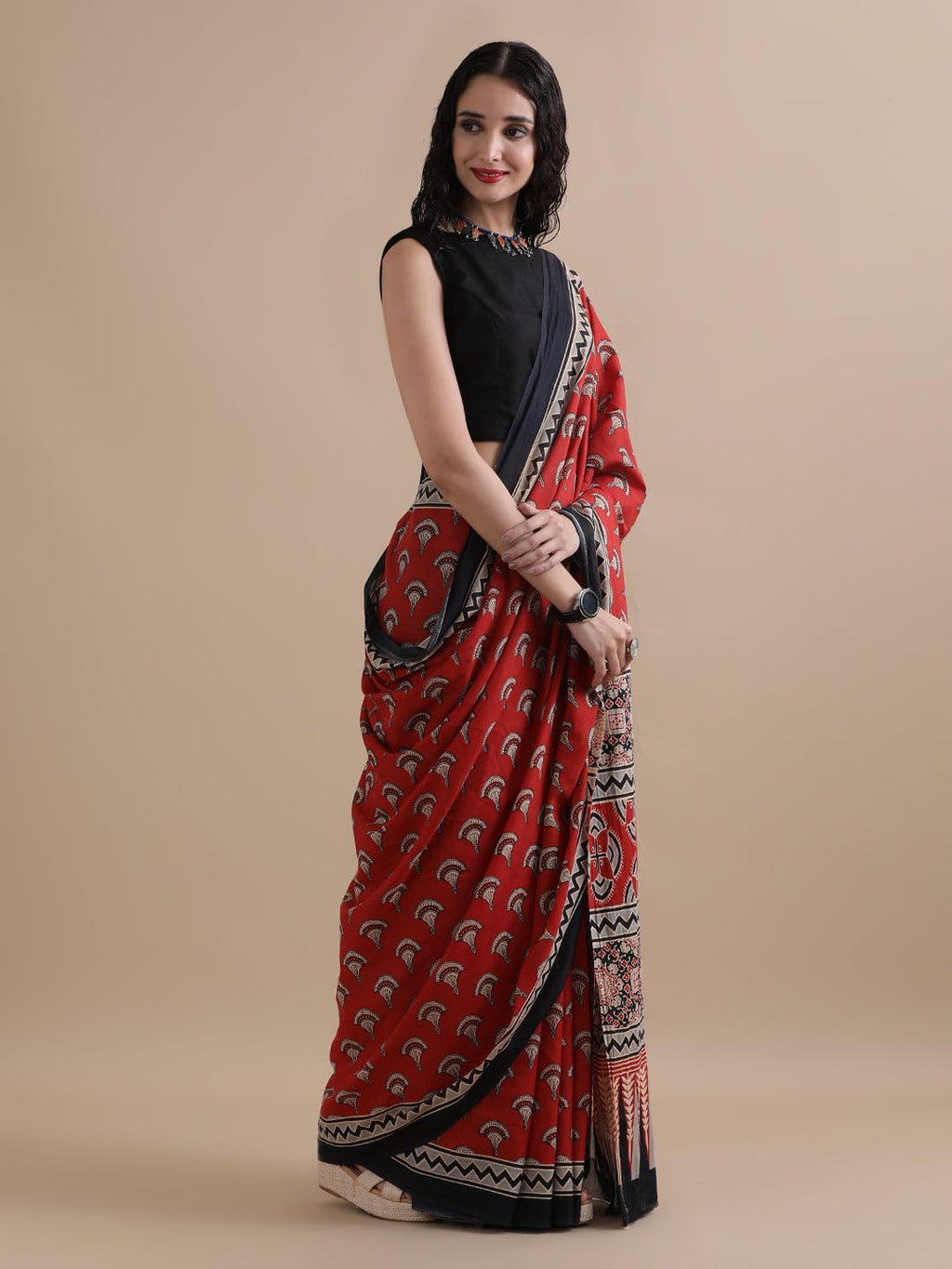 Royal Ethnic Handblock Printed Cotton Mulmul Saree Kalamkari Bagru Print Natural Dyed Maroon White 6.5 Mtr with Blouse Piece - Royal Ethnic