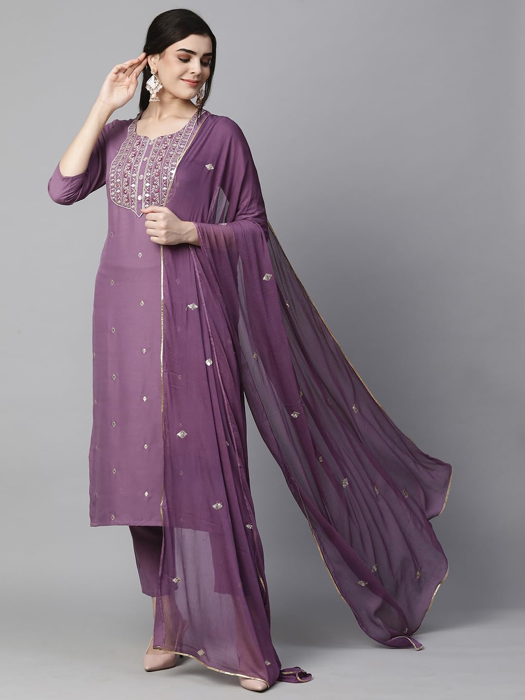 Royal Ethnic Womens Cotton Blend Embroidered Kurta Set with Pant Dupatta Elegants Calf Length Ethnic Outfit Dress - Royal Ethnic
