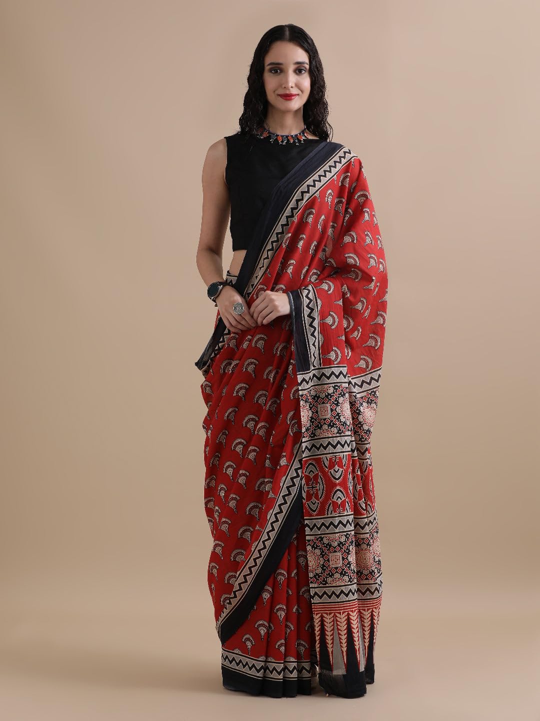 Royal Ethnic Handblock Printed Cotton Mulmul Saree Kalamkari Bagru Print Natural Dyed Maroon White 6.5 Mtr with Blouse Piece - Royal Ethnic