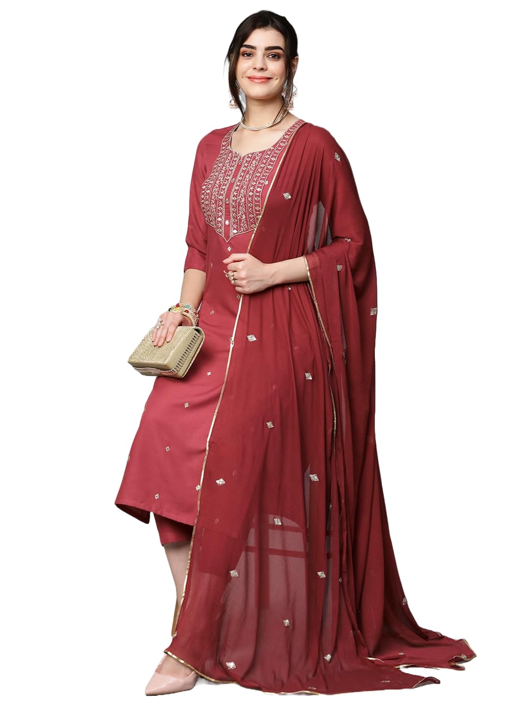 Royal Ethnic Womens Cotton Blend Embroidered Kurta Set with Pant Dupatta Elegants Calf Length Ethnic Outfit Dress - Royal Ethnic