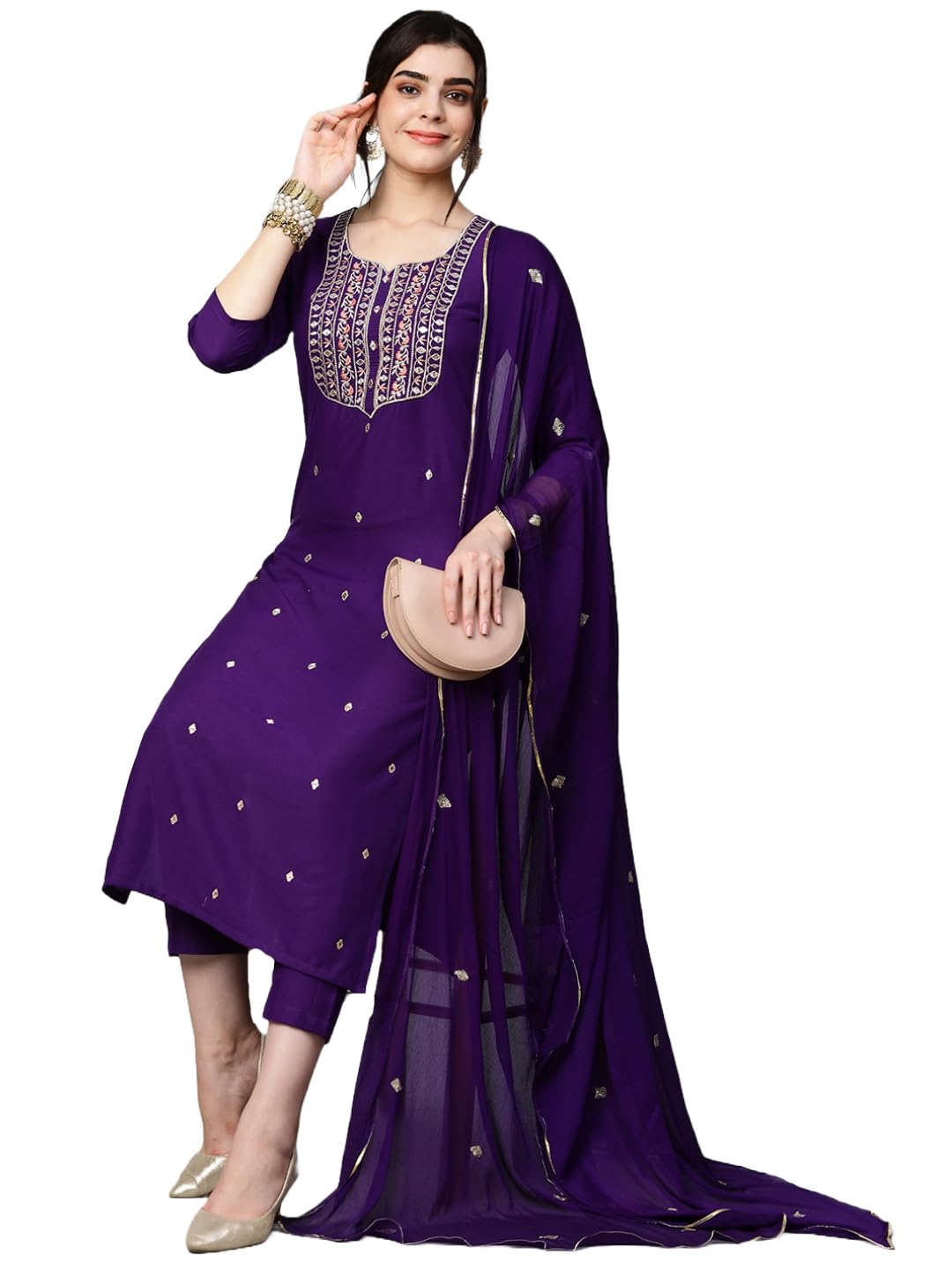 Royal Ethnic Womens Cotton Blend Embroidered Kurta Set with Pant Dupatta Elegants Calf Length Ethnic Outfit Dress - Royal Ethnic