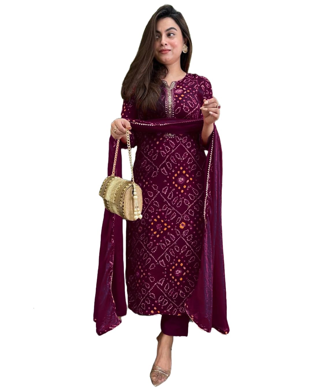GoSriKi Women's Rayon Viscose Straight Bandhej Printed Kurta with Pant & Dupatta