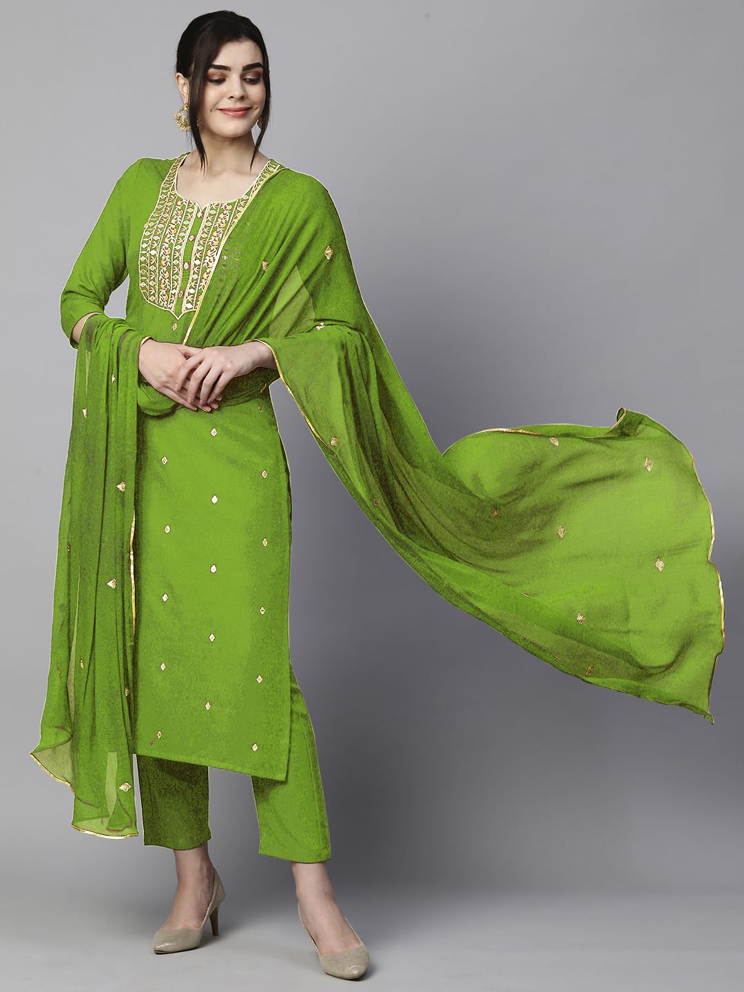 Royal Ethnic Womens Cotton Blend Embroidered Kurta Set with Pant Dupatta Elegants Calf Length Ethnic Outfit Dress - Royal Ethnic