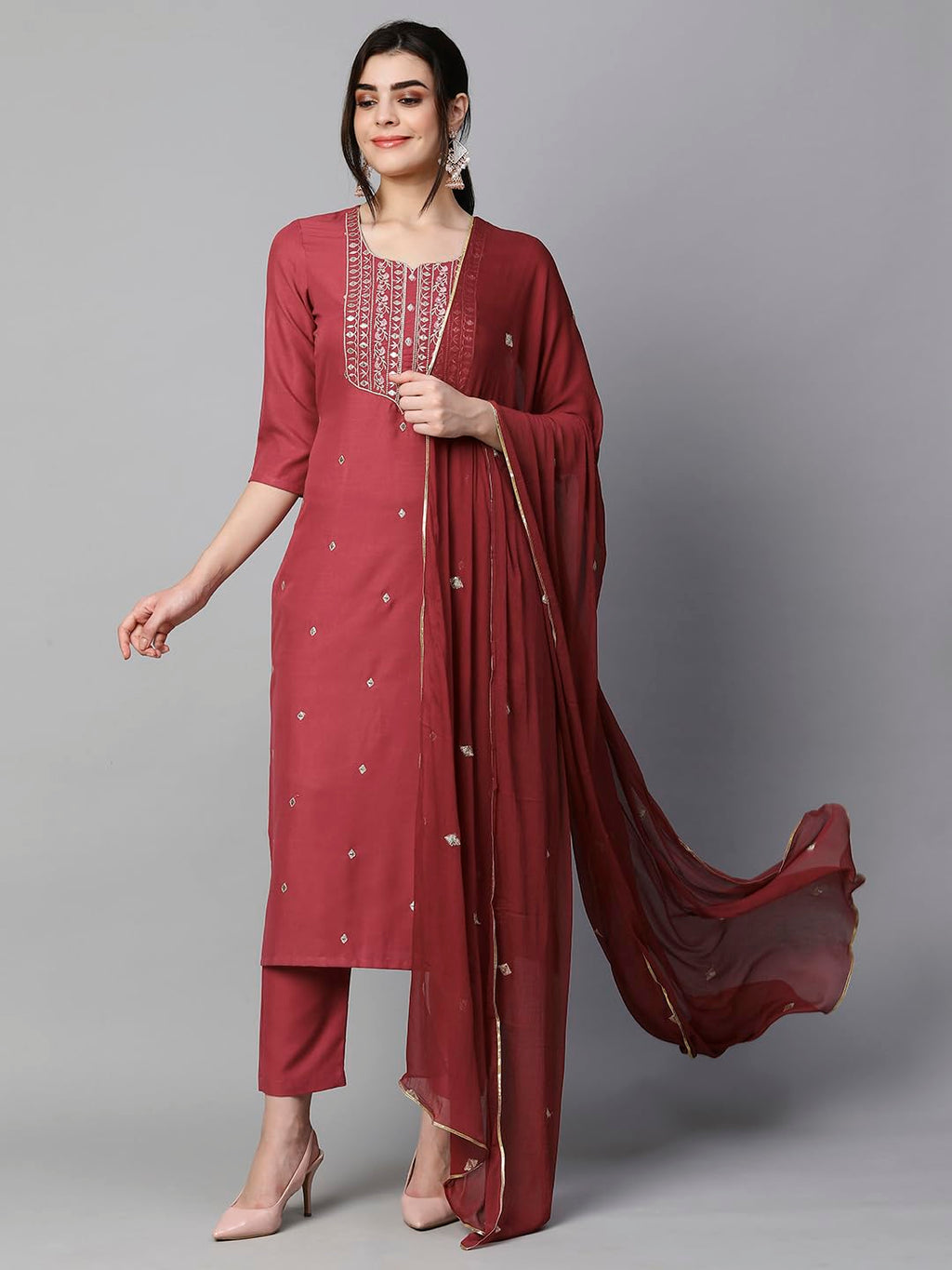 Royal Ethnic Womens Cotton Blend Embroidered Kurta Set with Pant Dupatta Elegants Calf Length Ethnic Outfit Dress - Royal Ethnic