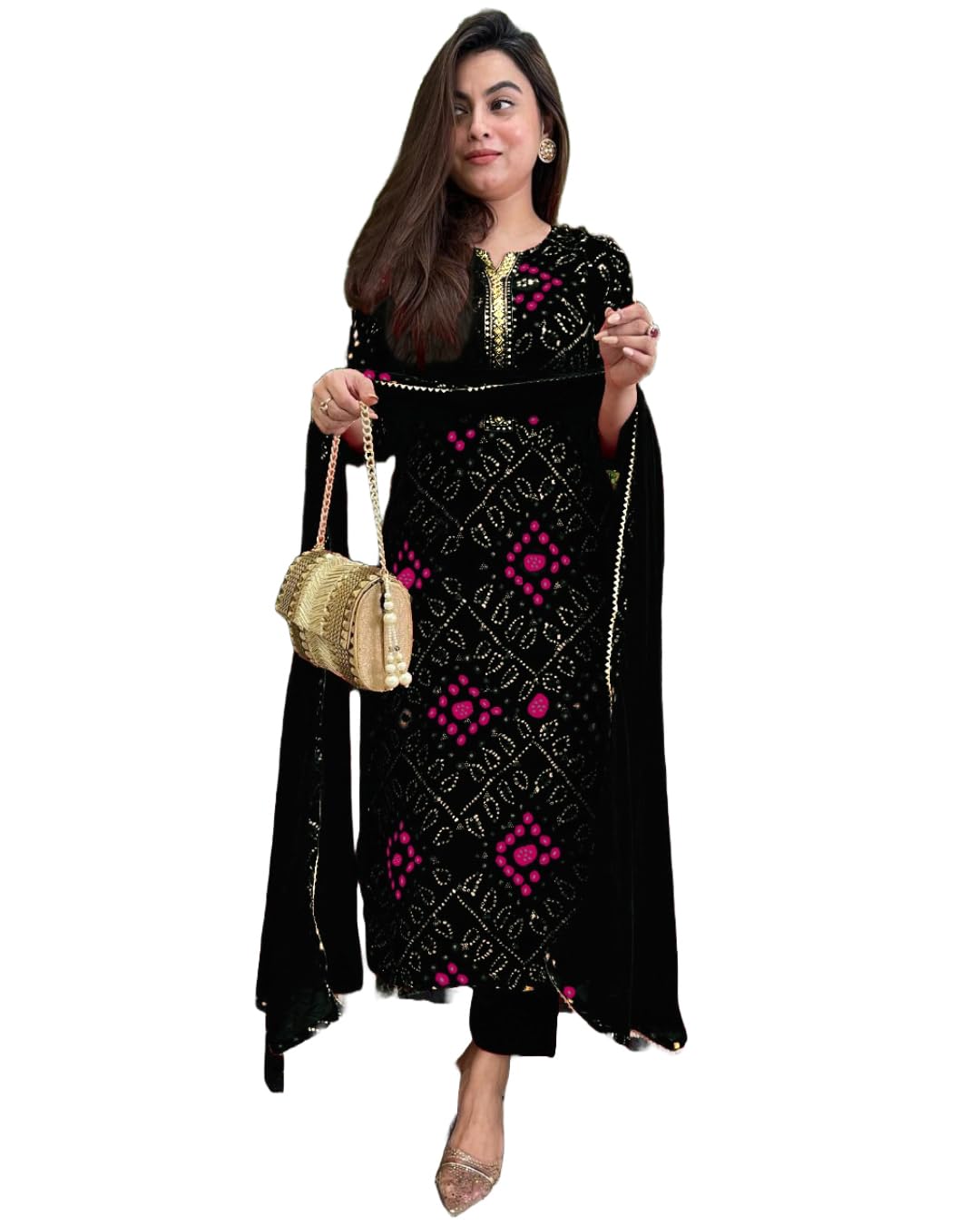 GoSriKi Women's Rayon Viscose Straight Bandhej Printed Kurta with Pant & Dupatta