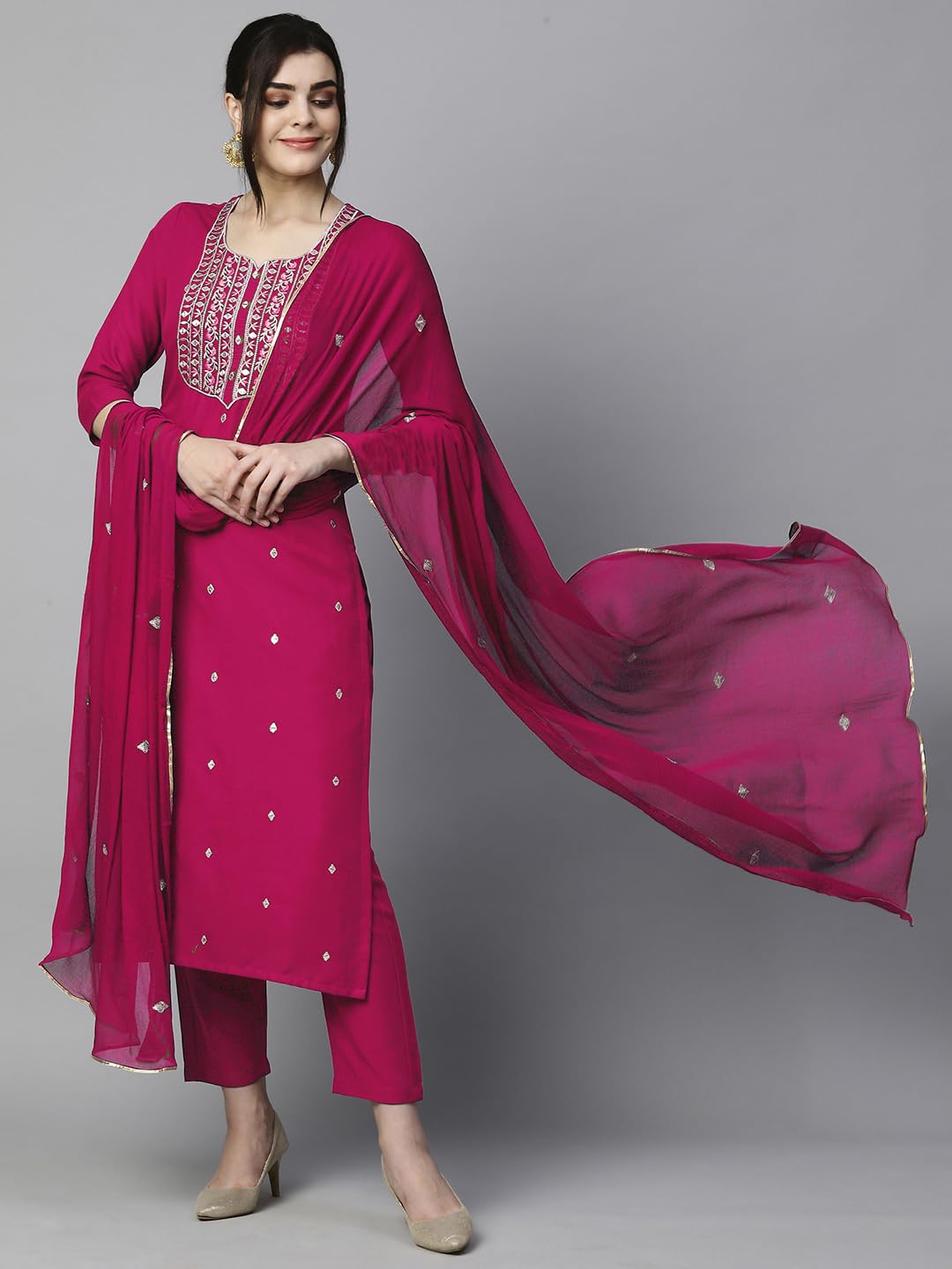 Royal Ethnic Womens Cotton Blend Embroidered Kurta Set with Pant Dupatta Elegants Calf Length Ethnic Outfit Dress - Royal Ethnic