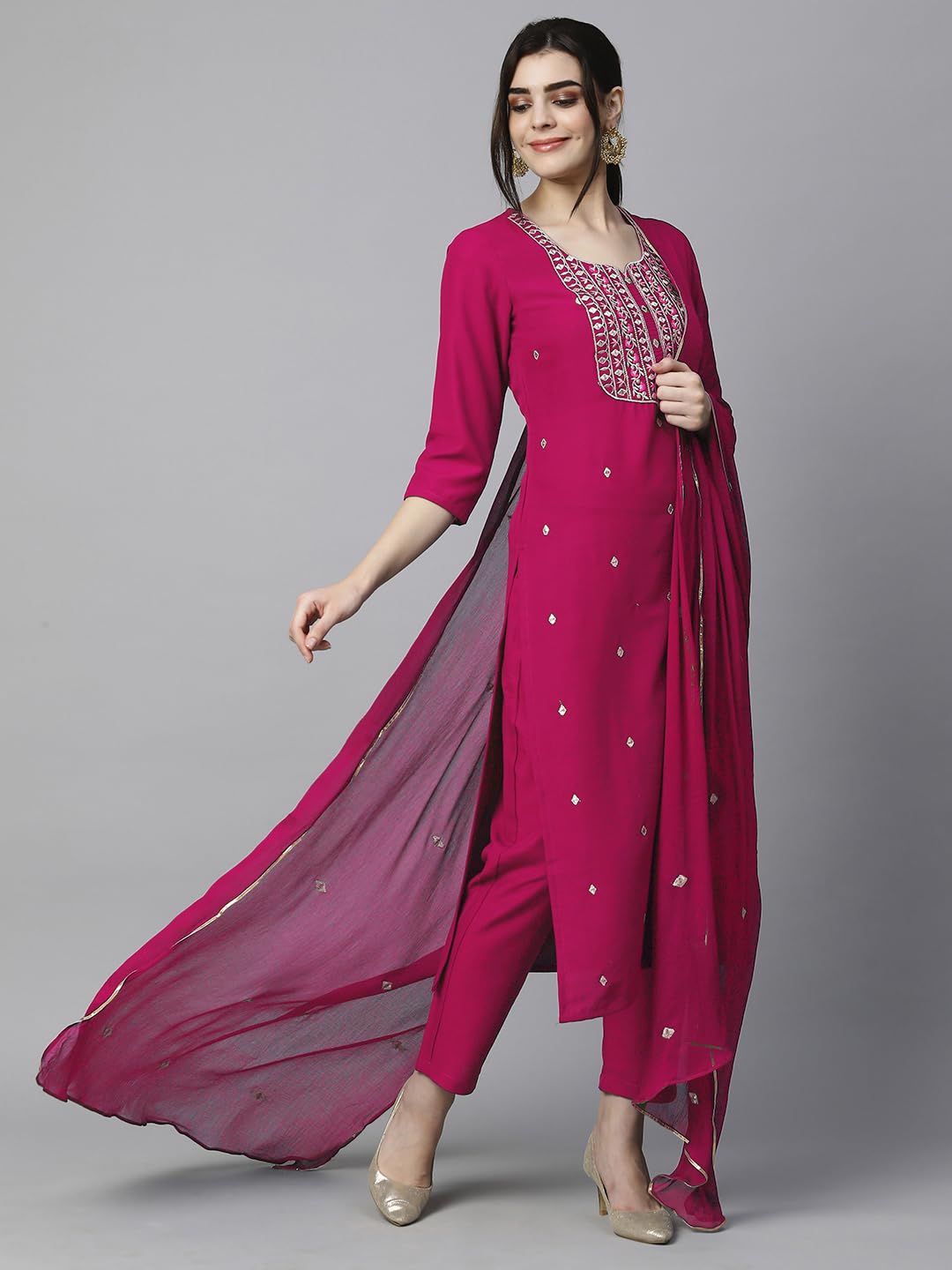 Royal Ethnic Womens Cotton Blend Embroidered Kurta Set with Pant Dupatta Elegants Calf Length Ethnic Outfit Dress - Royal Ethnic