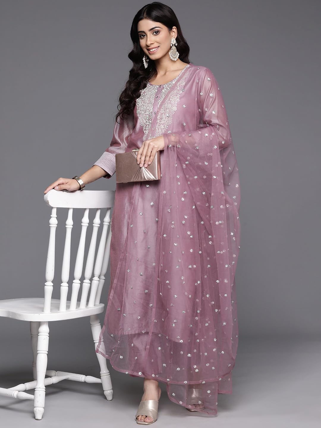 Royal Ethnic Women Mauve Silk Thread Embroidered Kurta Set with Dupatta Elegant Sophisticated Designer Ethnic Wear - Royal Ethnic