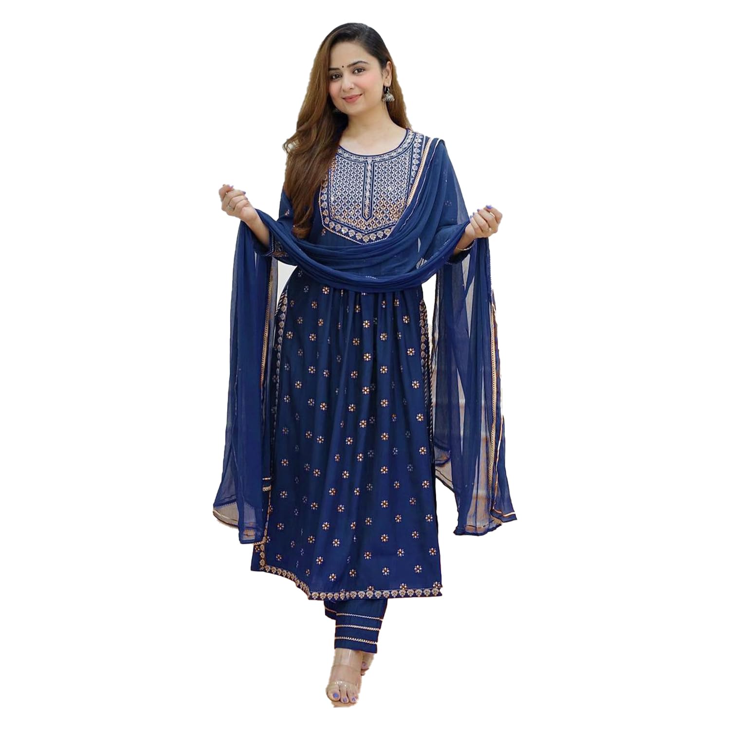 Royal Ethnic Women's Rayon Sleeve Jewel Neck Embroidery Kurta with Pant Dupatta Elegant Stylish Ethnic Outfit Dress - Royal Ethnic