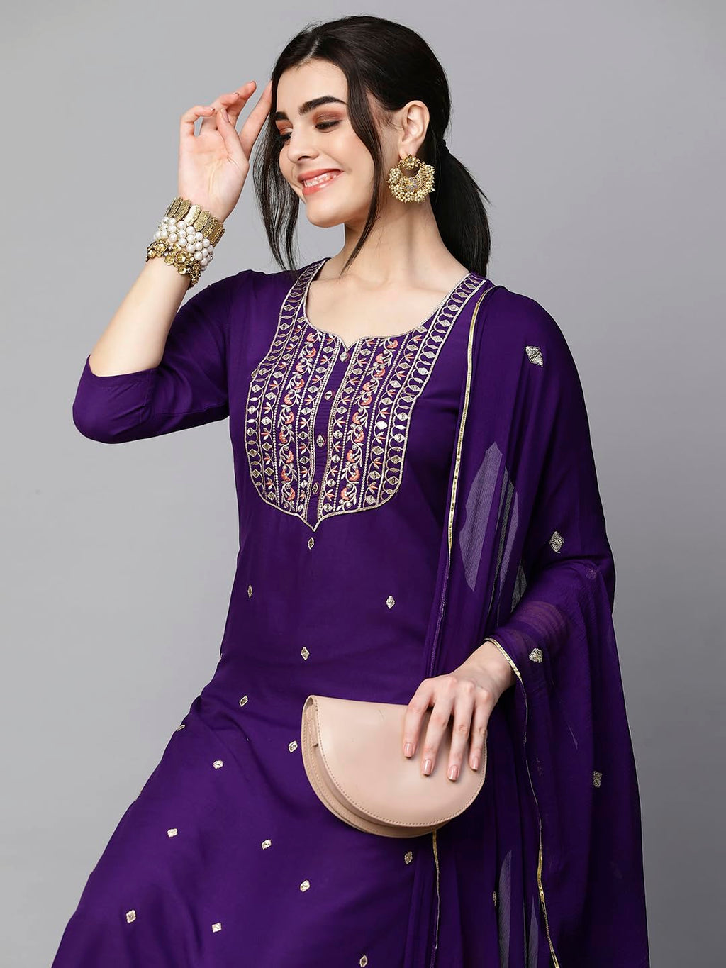 Royal Ethnic Womens Cotton Blend Embroidered Kurta Set with Pant Dupatta Elegants Calf Length Ethnic Outfit Dress - Royal Ethnic