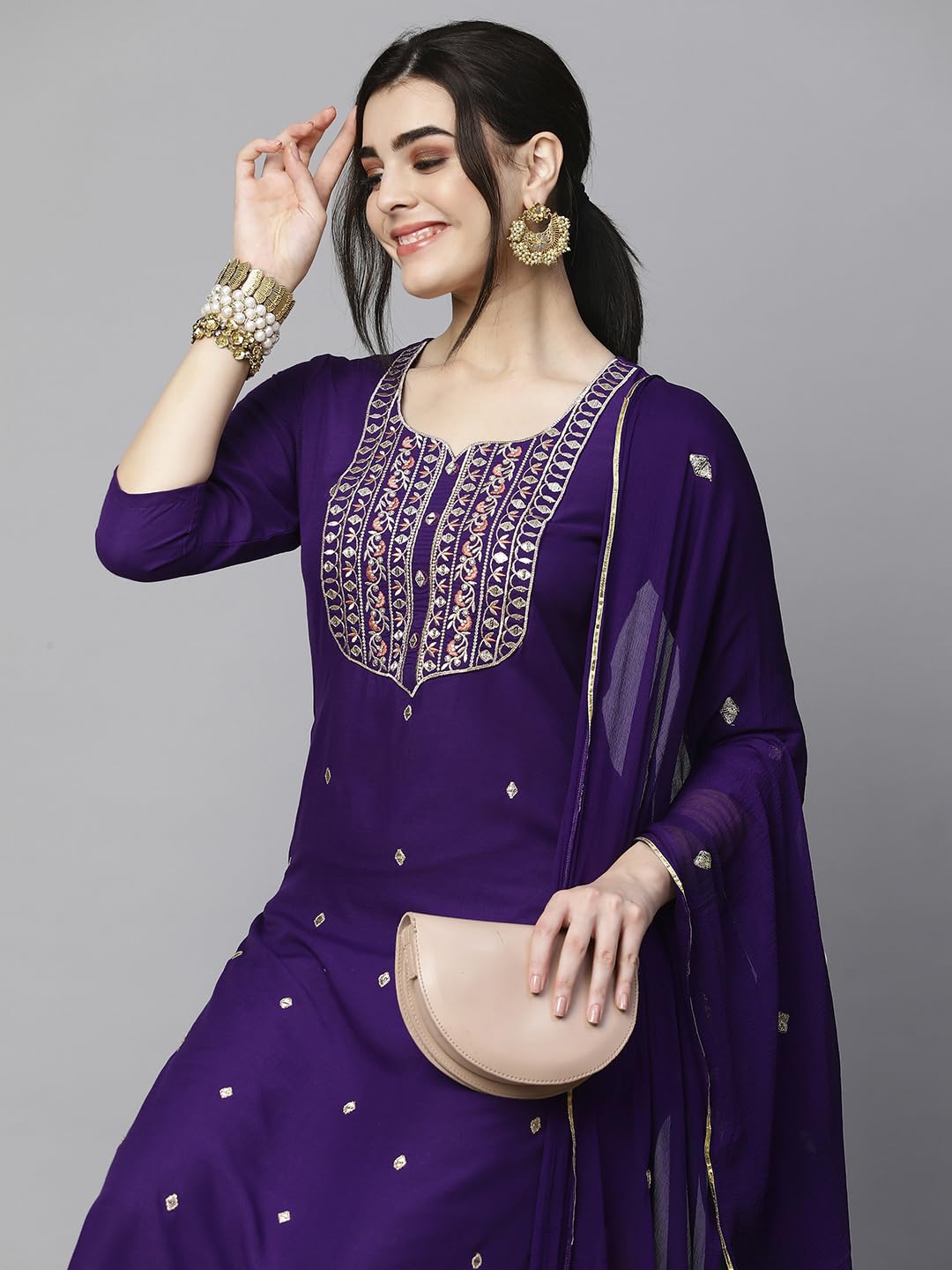 Royal Ethnic Womens Cotton Blend Embroidered Kurta Set with Pant Dupatta Elegants Calf Length Ethnic Outfit Dress - Royal Ethnic
