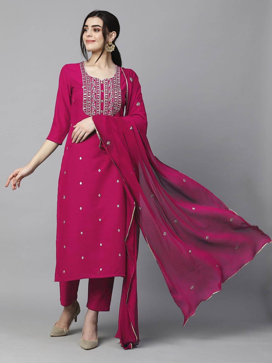 Royal Ethnic Womens Cotton Blend Embroidered Kurta Set with Pant Dupatta Elegants Calf Length Ethnic Outfit Dress - Royal Ethnic