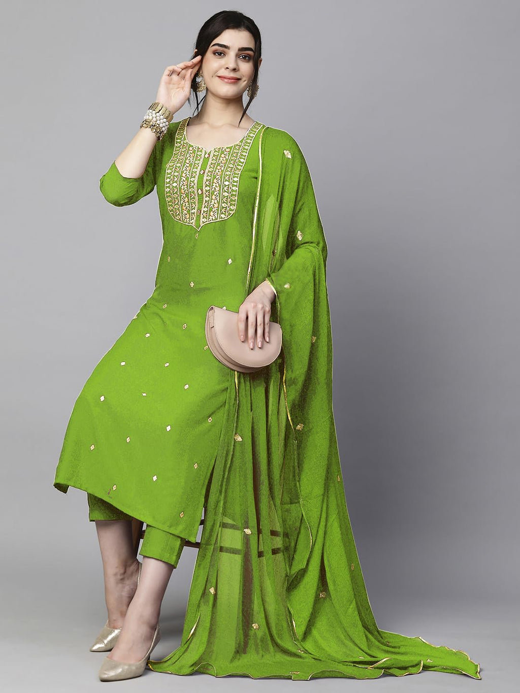 Royal Ethnic Womens Cotton Blend Embroidered Kurta Set with Pant Dupatta Elegants Calf Length Ethnic Outfit Dress - Royal Ethnic