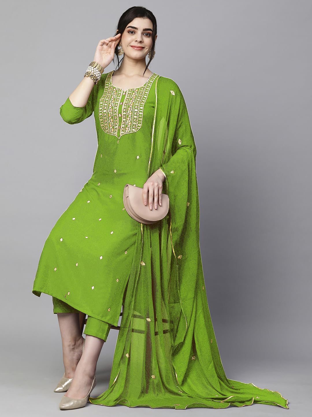 Royal Ethnic Womens Cotton Blend Embroidered Kurta Set with Pant Dupatta Elegants Calf Length Ethnic Outfit Dress - Royal Ethnic