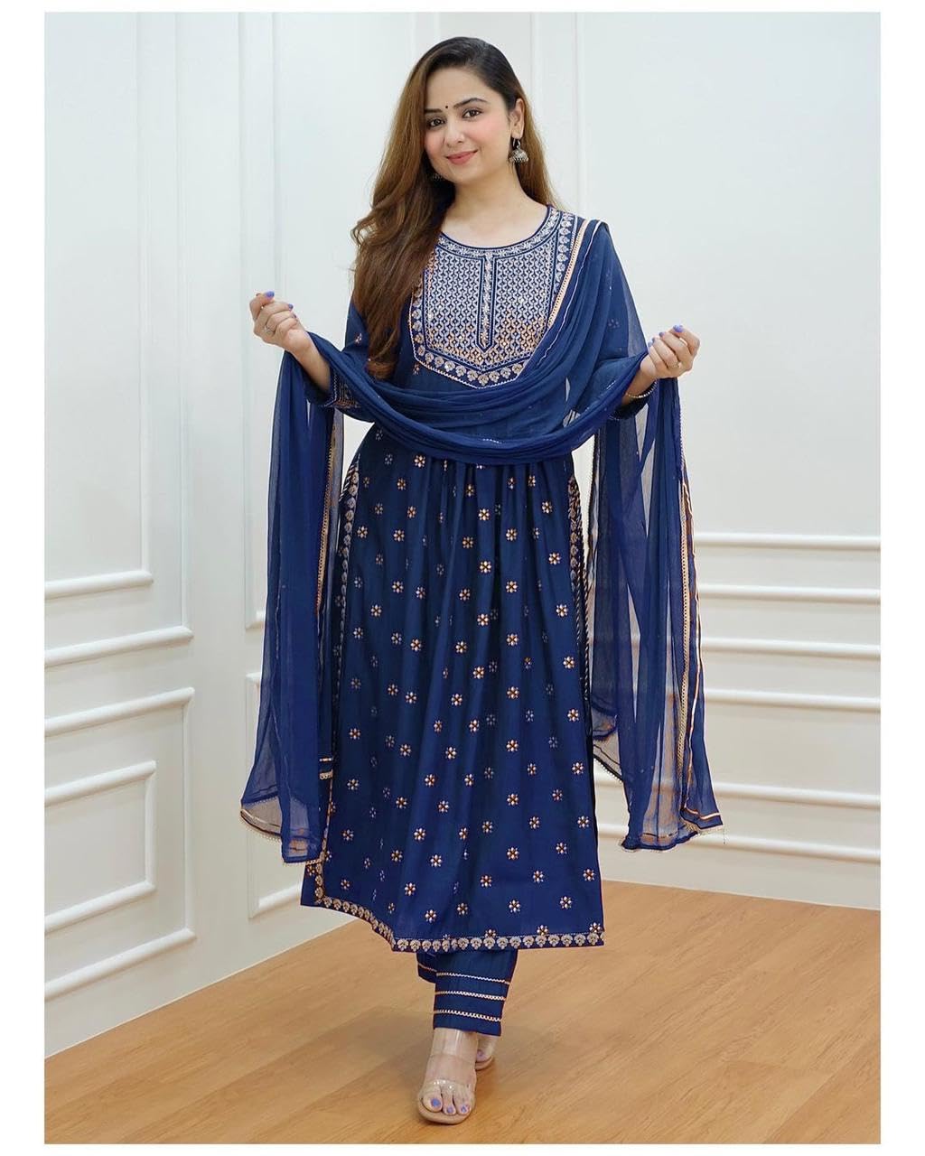 Royal Ethnic Women's Rayon Sleeve Jewel Neck Embroidery Kurta with Pant Dupatta Elegant Stylish Ethnic Outfit Dress - Royal Ethnic